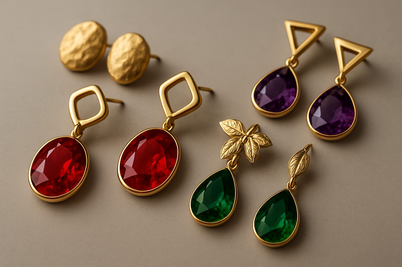 a collection of various statement earrings showcasing geometric and natural designs on a neutral surface