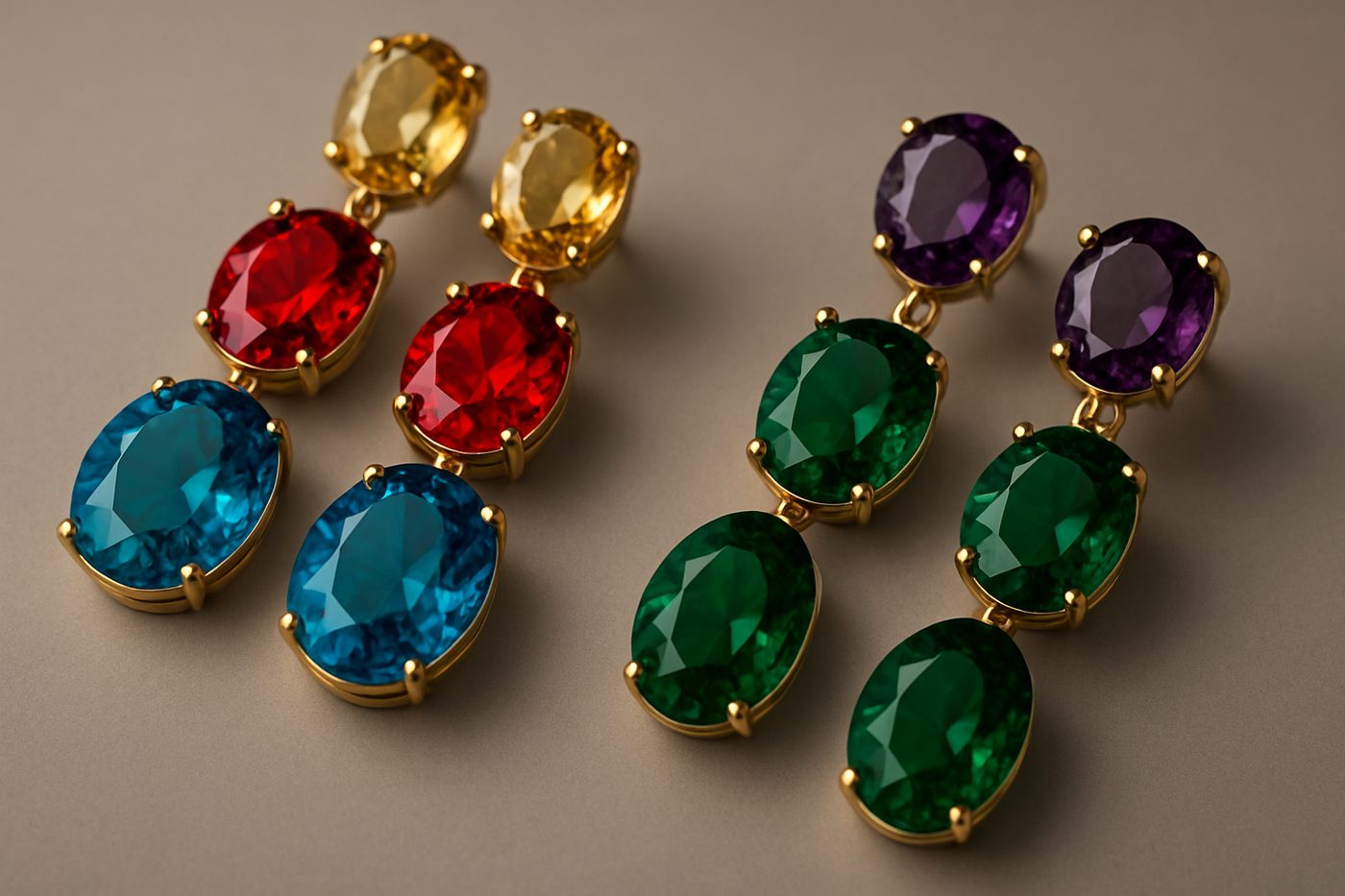 a close-up of colorful gemstones used in statement earrings, arranged aesthetically on a smooth surface