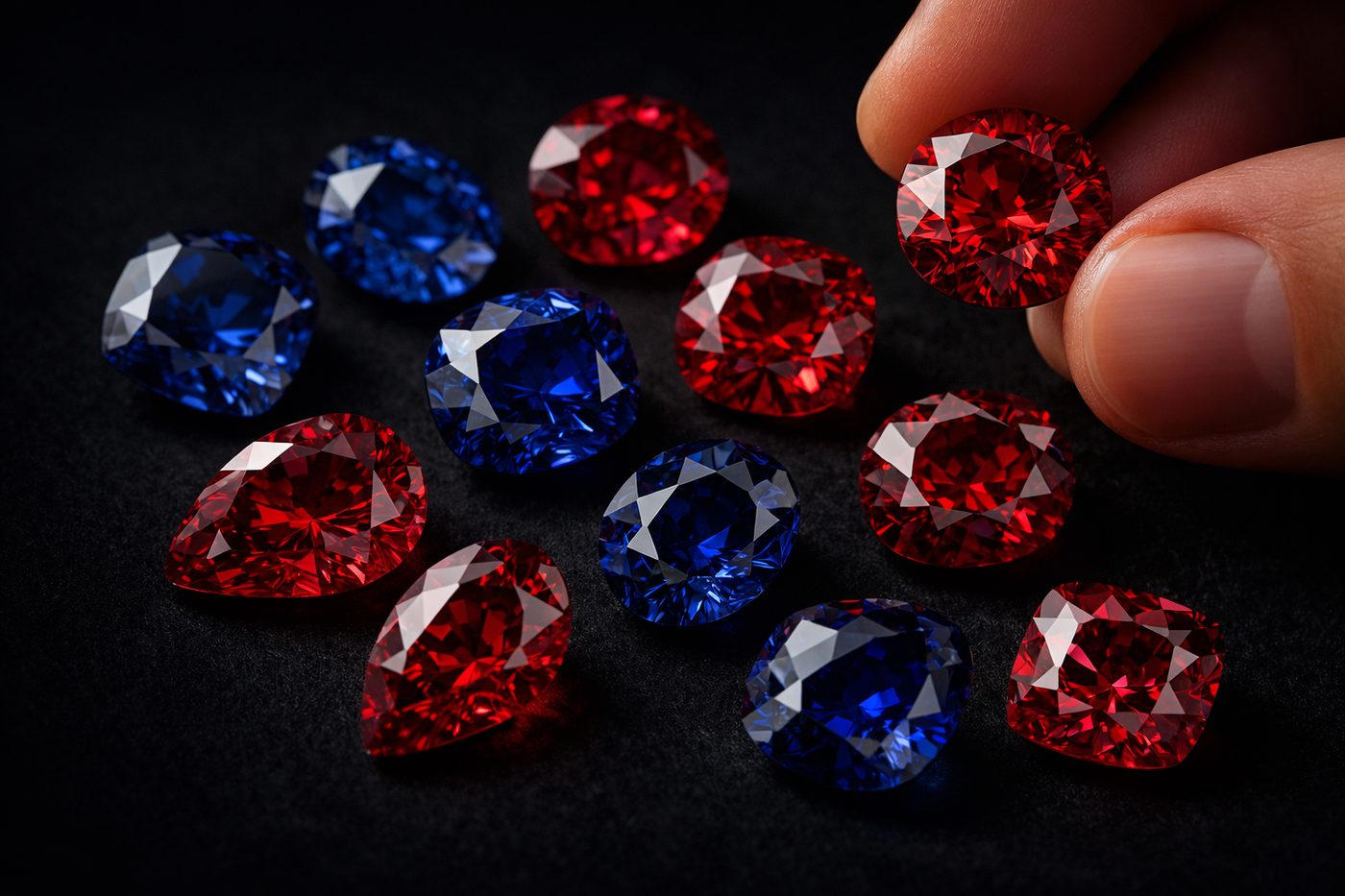 Close-up of rare gemstones like red diamonds and sapphires