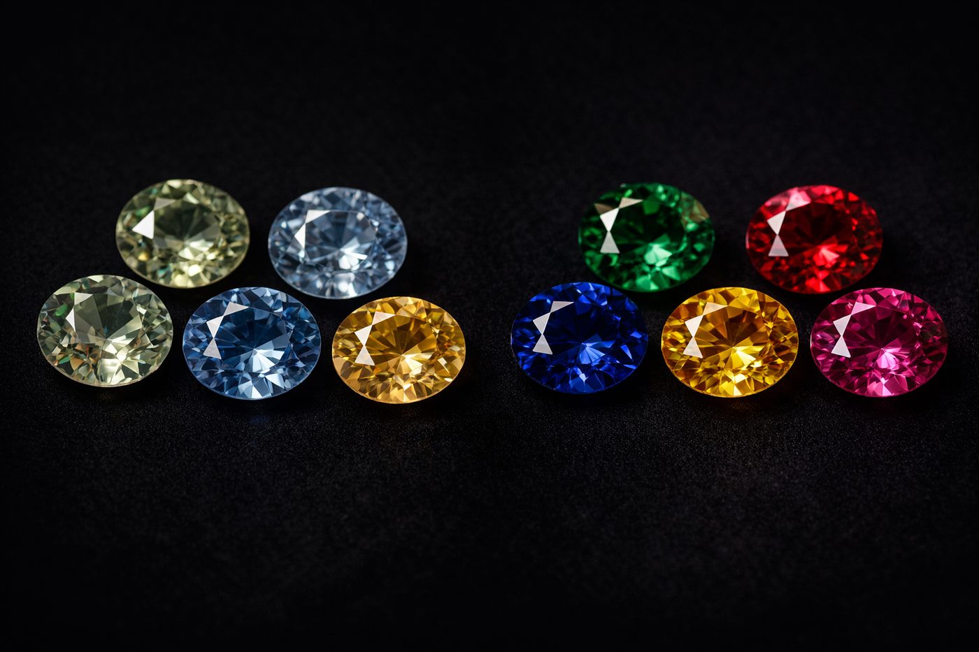 Example of treated versus untreated gemstones displayed side by side