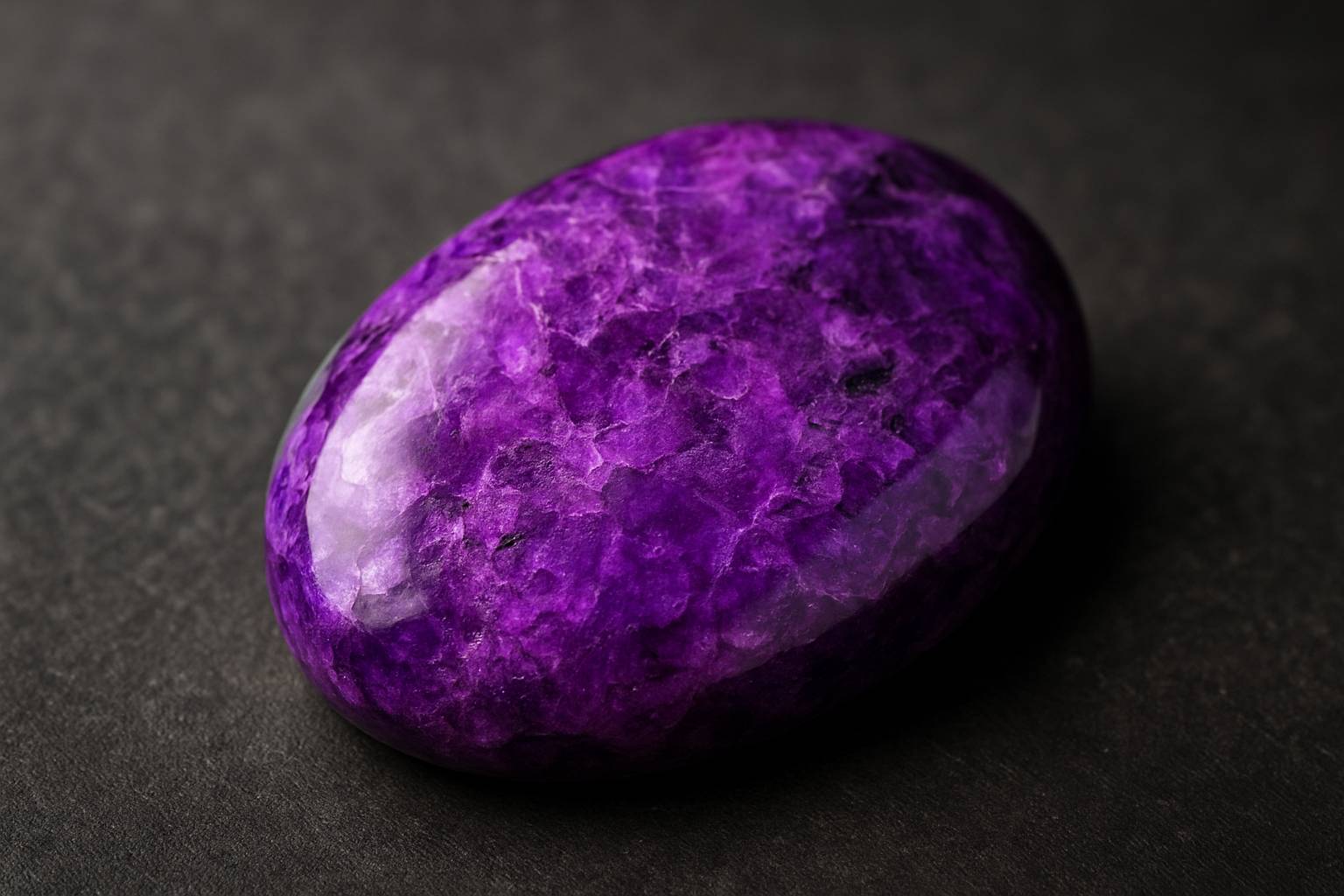 a close-up of a sugilite gemstone, highlighting its vibrant purple color and texture