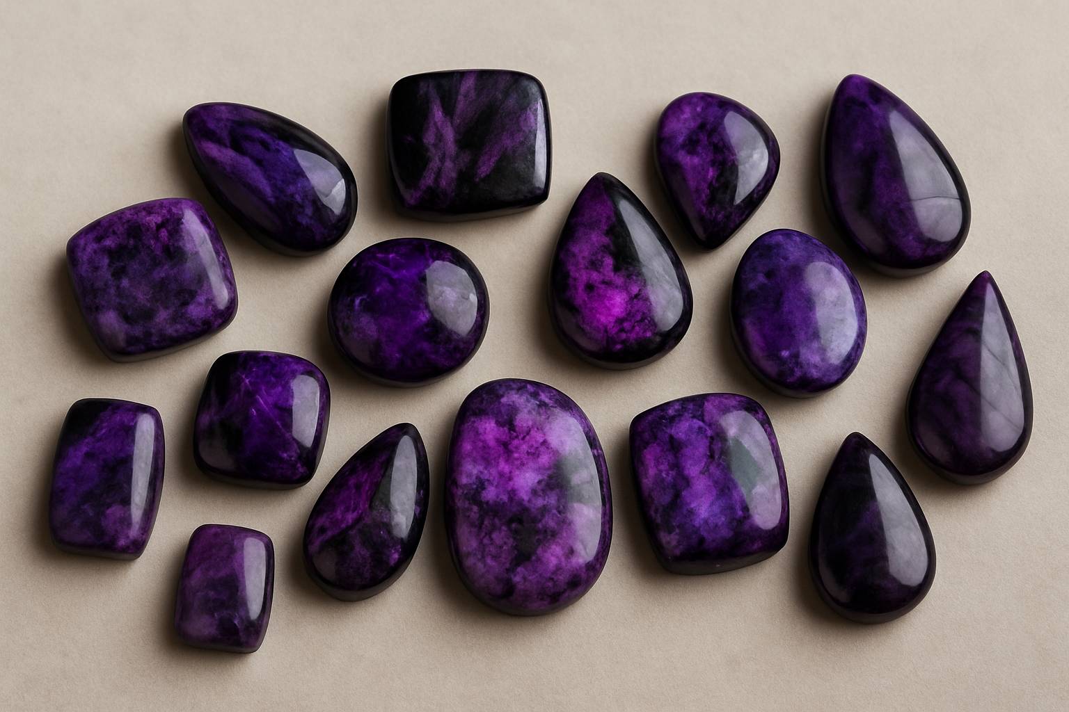 an array of sugilite gemstones of various sizes and quality on a neutral background