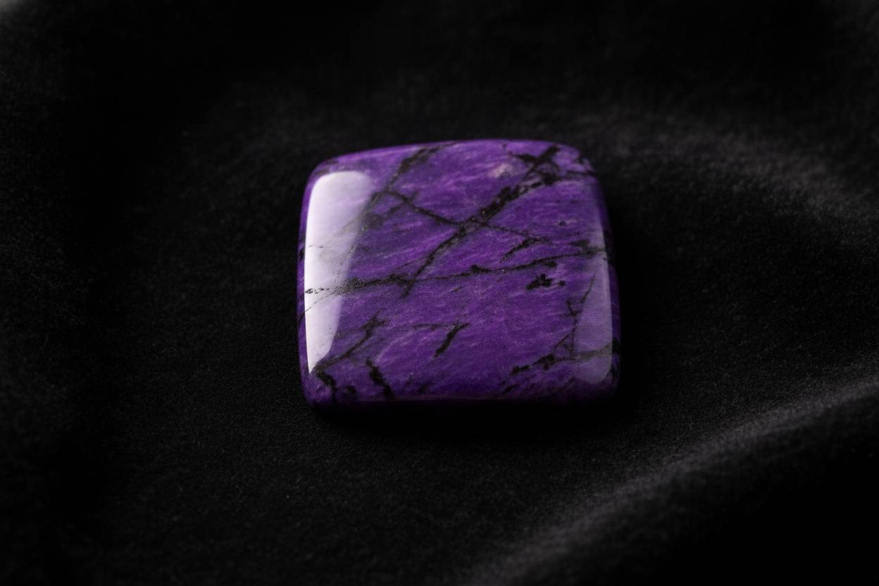 Polished sugilite slab showing purple field with black manganese oxide veining, macro detail