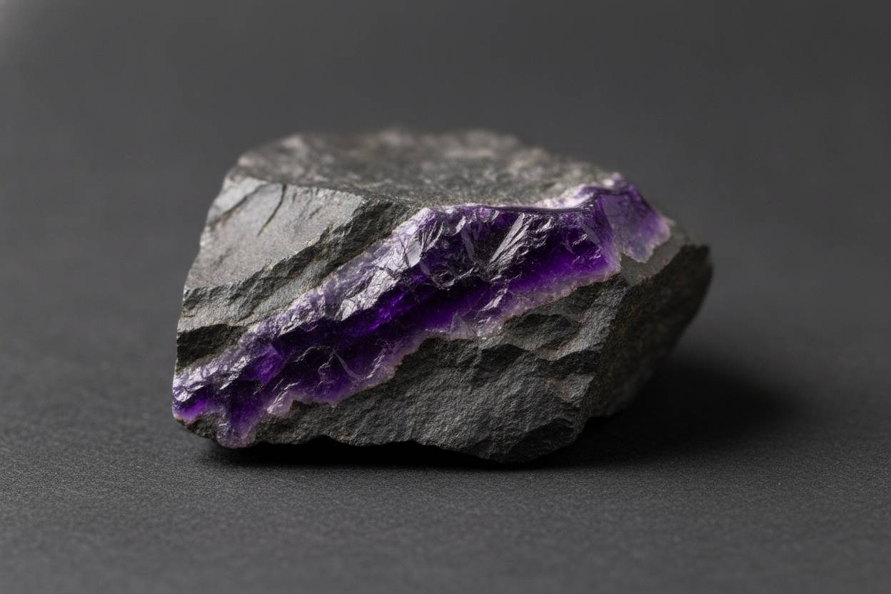Rough manganese ore fragment with purple sugilite seam, neutral studio background