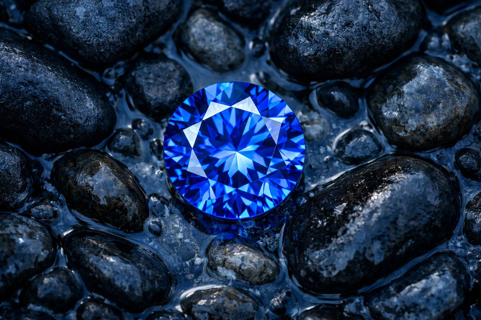close-up of a brilliantly cut synthetic sapphire, highlighting its vivid blue hue and clarity