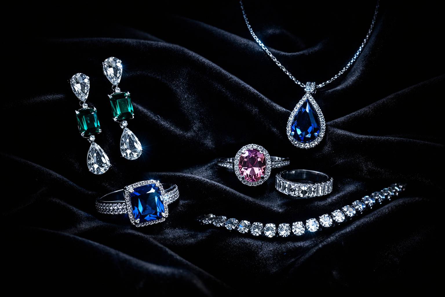 a stylish arrangement of synthetic gemstone jewelry pieces on a light background, reflecting modern fashion trends