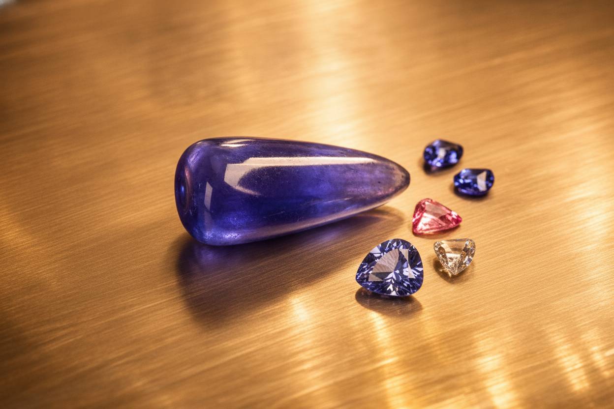 Carrot-shaped synthetic sapphire boule and cut fragments arranged on neutral laboratory bench surface