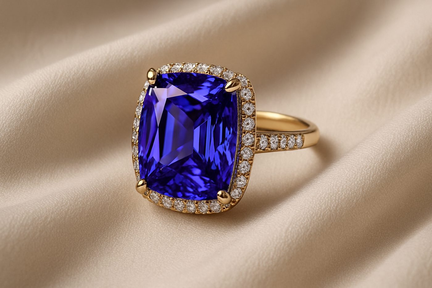an elegant tanzanite ring displayed on a soft fabric, highlighting its vibrant color and setting