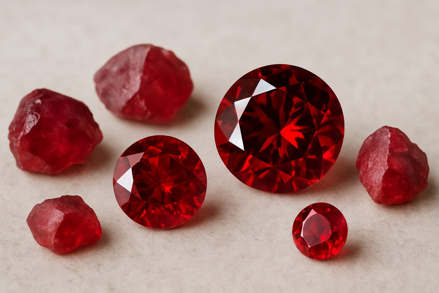 a selection of raw and polished thai rubies on a neutral surface, natural light