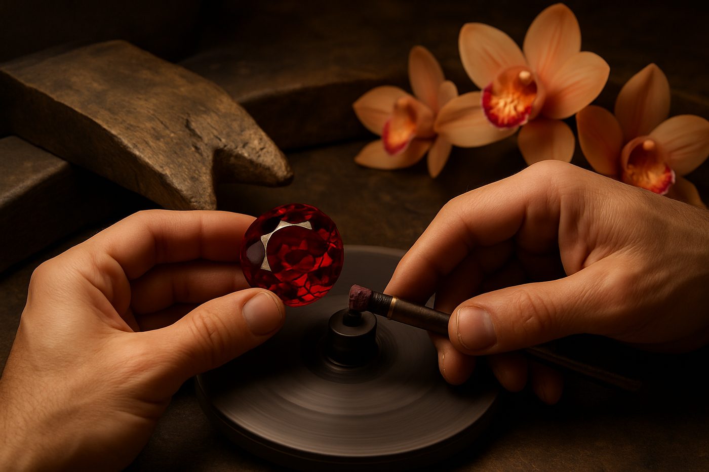 close-up of skilled artisan hands delicately polishing a gemstone on a workbench