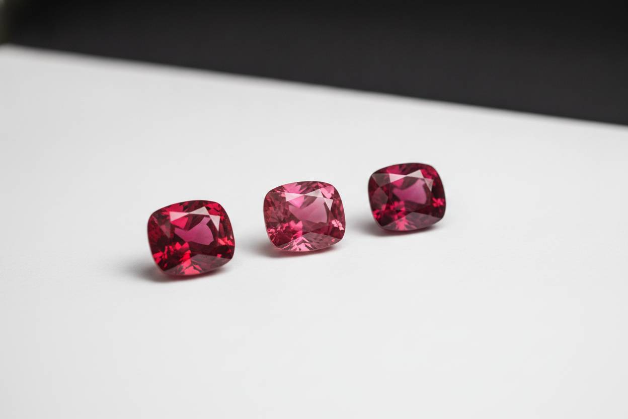 Three loose rubies of varying tone and saturation arranged for colour comparison on white