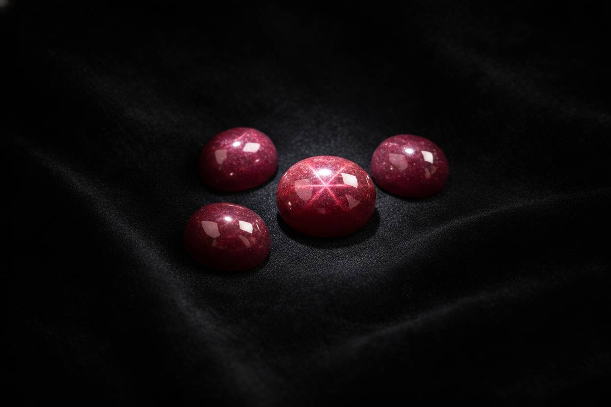 Cabochon star ruby showing sharp six-rayed asterism under single focused light source