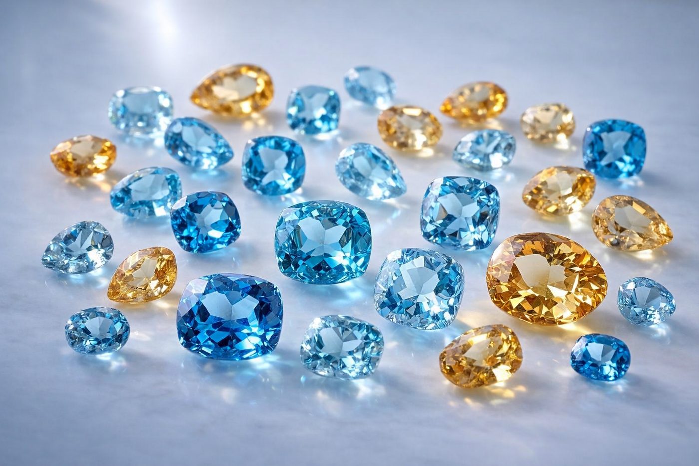 A display of various topaz stones showcasing different sizes and colors.