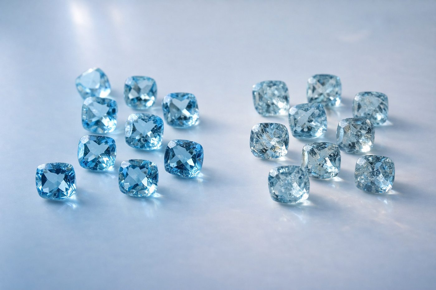 Comparison of clear versus included topaz stones under natural light.