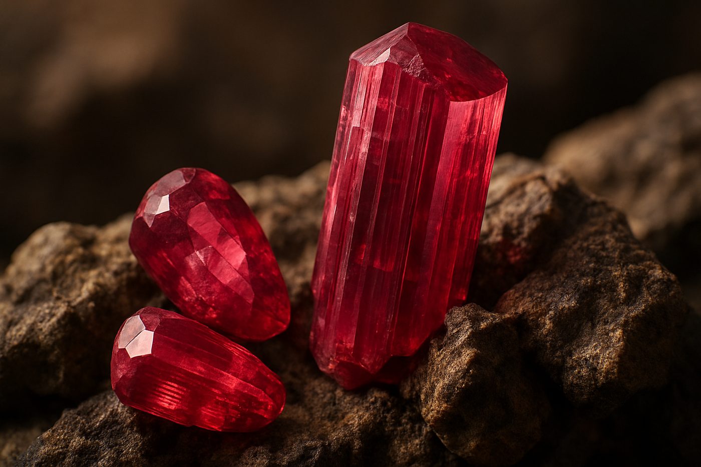 a close-up of rubelite crystals in a natural setting, showcasing their vibrant colors