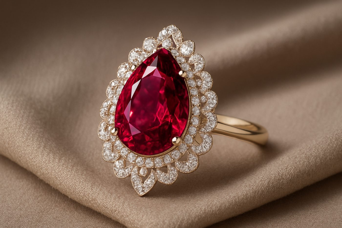 an elegant piece of jewelry featuring rubelite, displayed on a soft fabric surface
