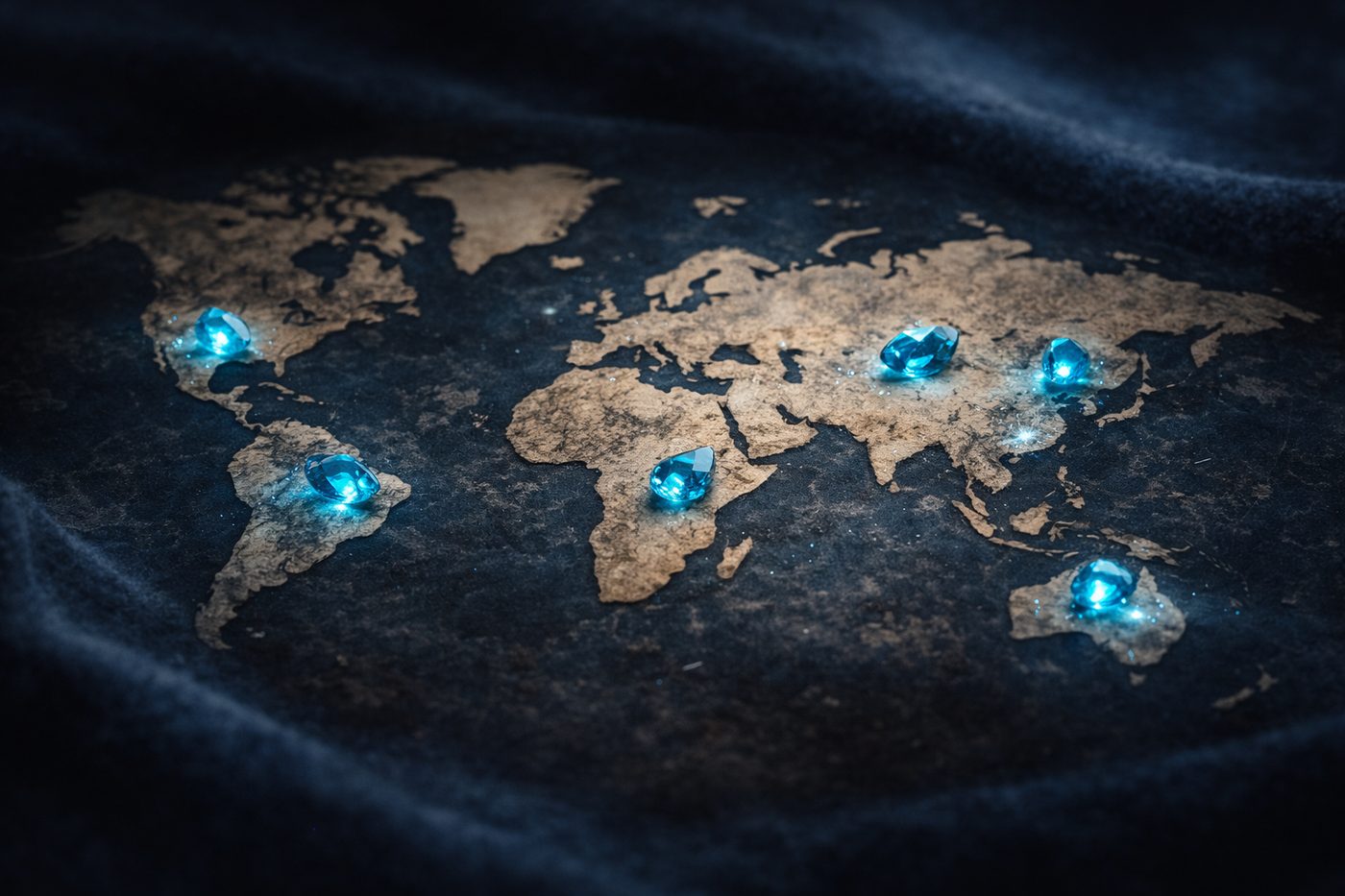 A map highlighting the major sources of blue topaz gemstones.