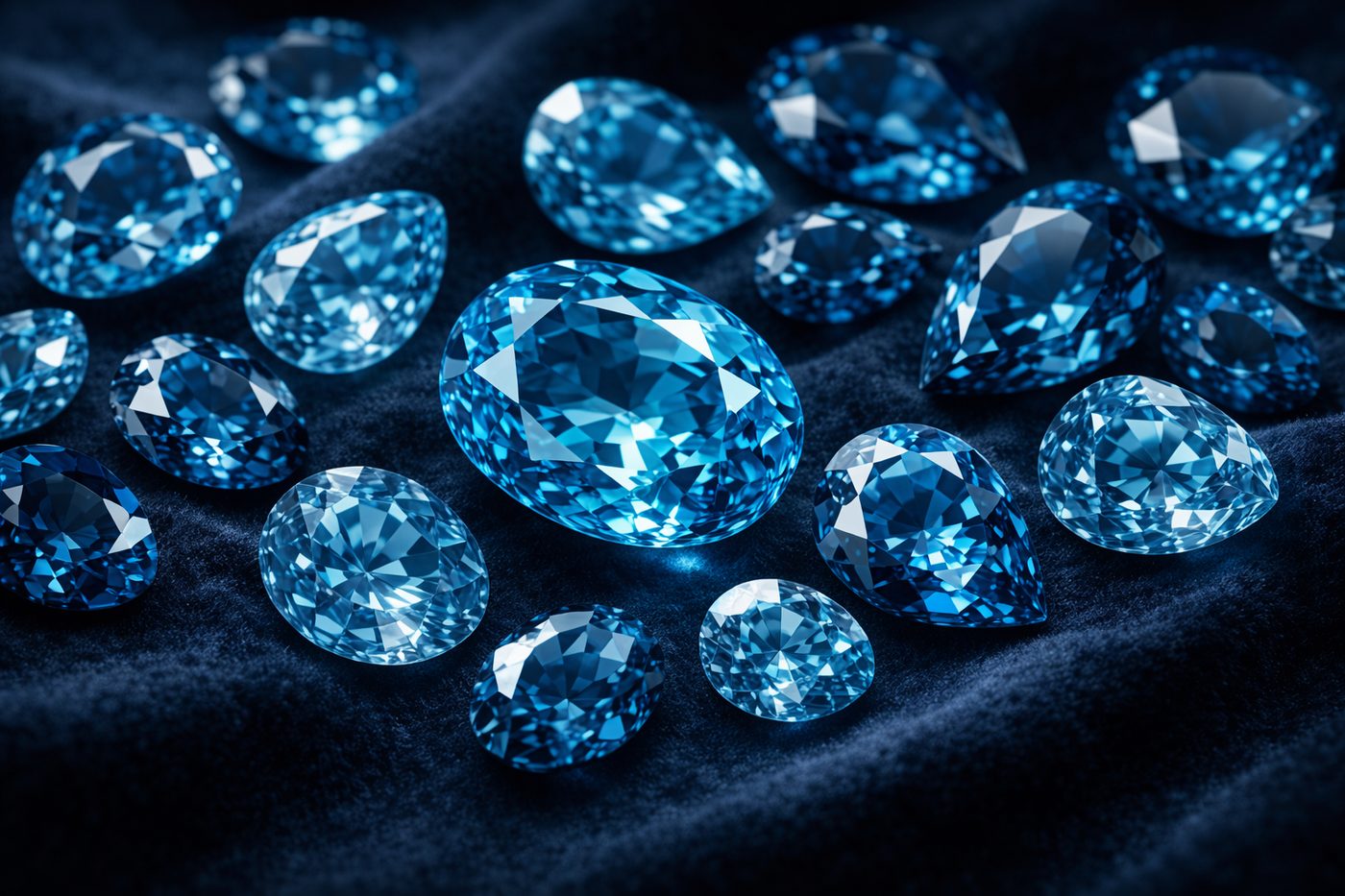 An array of blue topaz gemstones showcasing different shades and qualities.