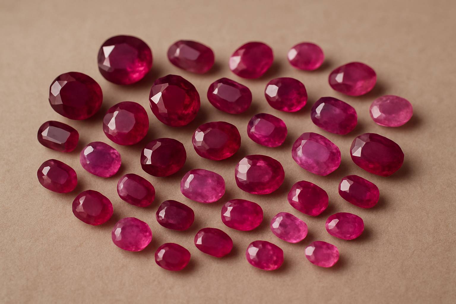 a selection of rubies in various colors and sizes on a neutral surface, highlighting differences