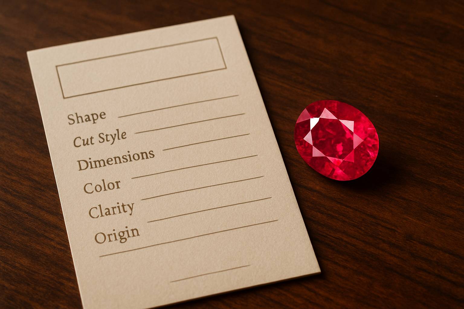 a ruby gemological grading report laid on a wooden desk, with a ruby beside it for context