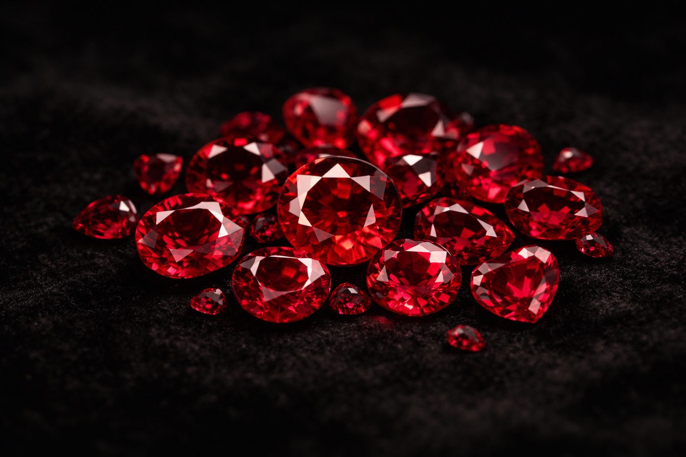 An array of rubies showcasing various shades of red