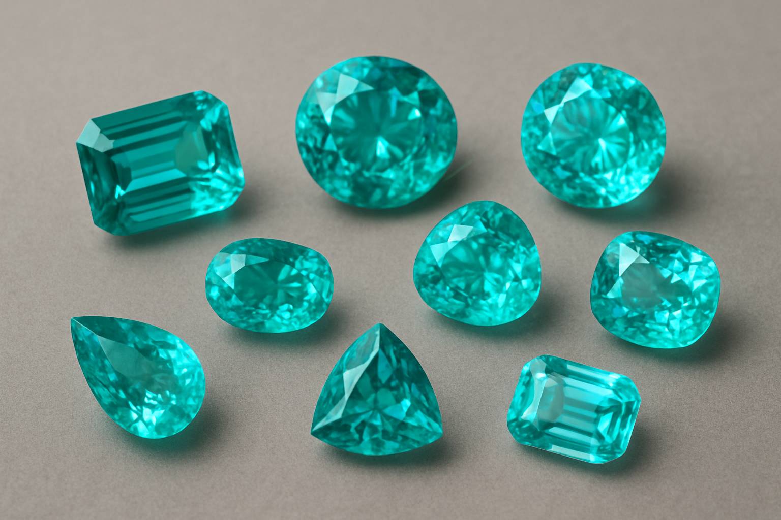 an array of paraiba tourmaline stones displaying various hues on a neutral background