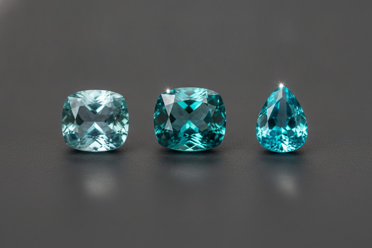 Three Paraiba tourmalines ranging pale blue to vivid neon, lined up on neutral grey surface