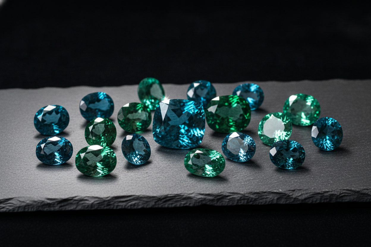 Assorted copper-bearing tourmalines in blue and green hues arranged on matte slate tray