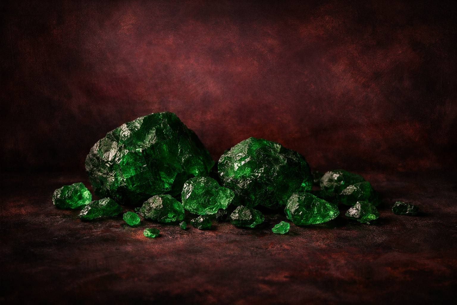 a close-up of tsavorite garnet rough stones on a dark background