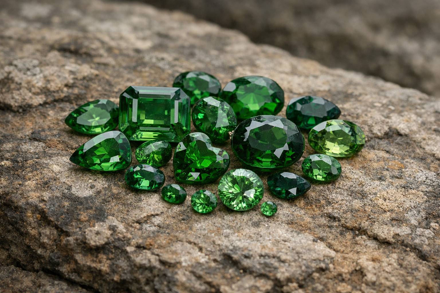 an array of different quality tsavorite garnets displayed on a soft cloth
