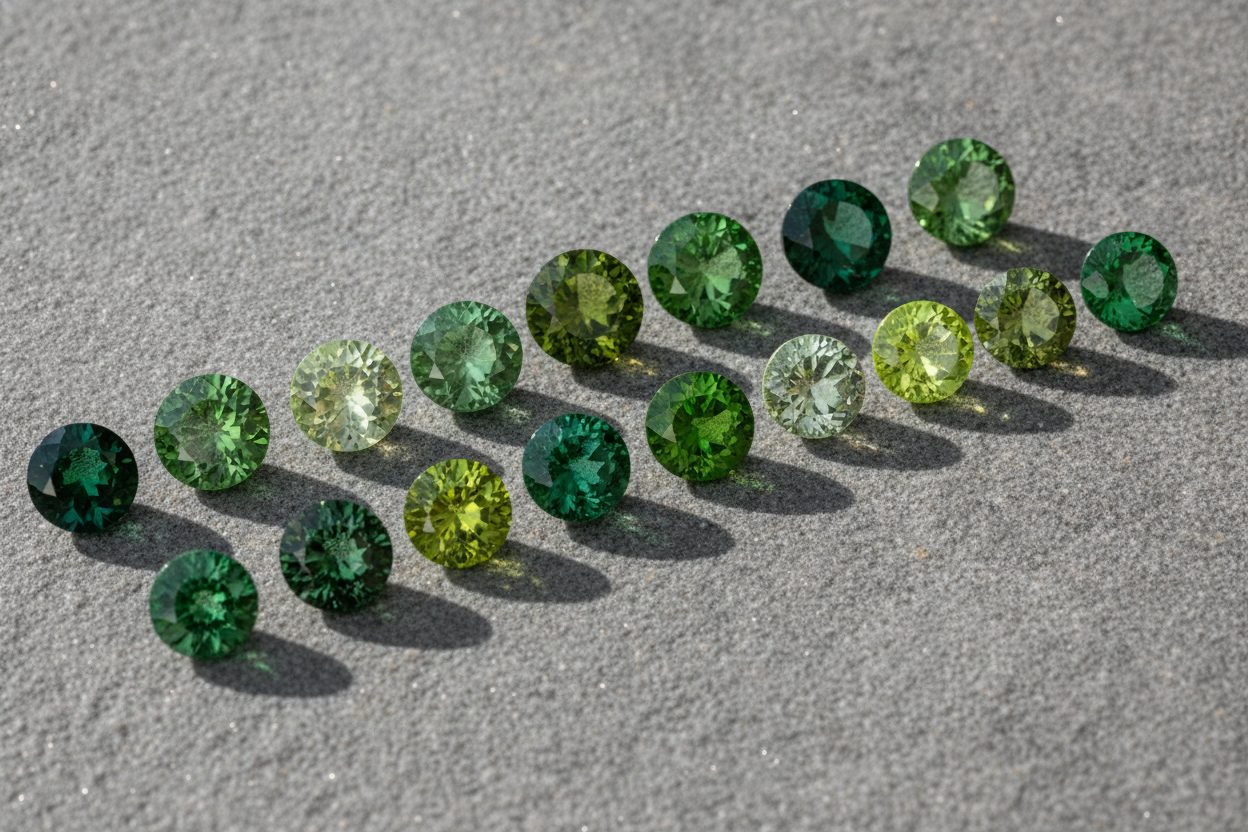 Loose green gemstones side by side on grey stone showing tonal and lustre differences
