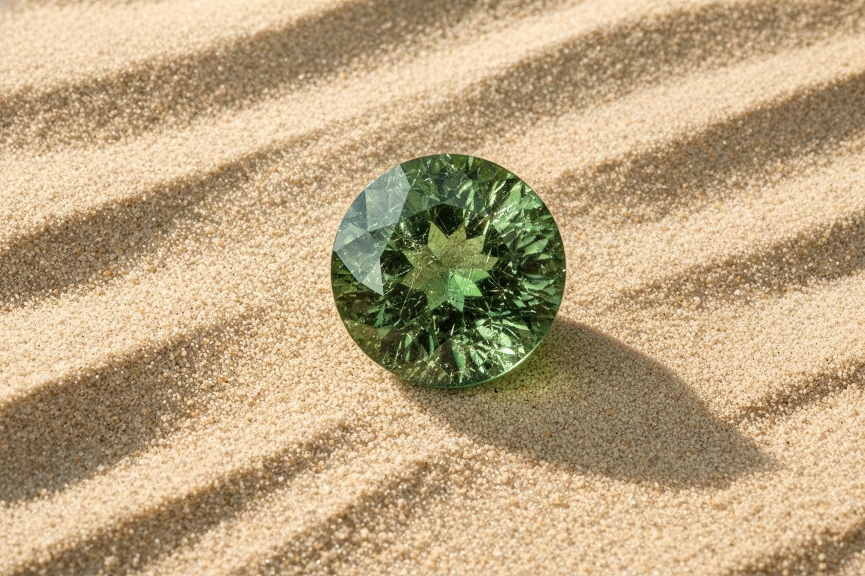 Macro of green garnet interior showing fine needles and small crystal inclusions