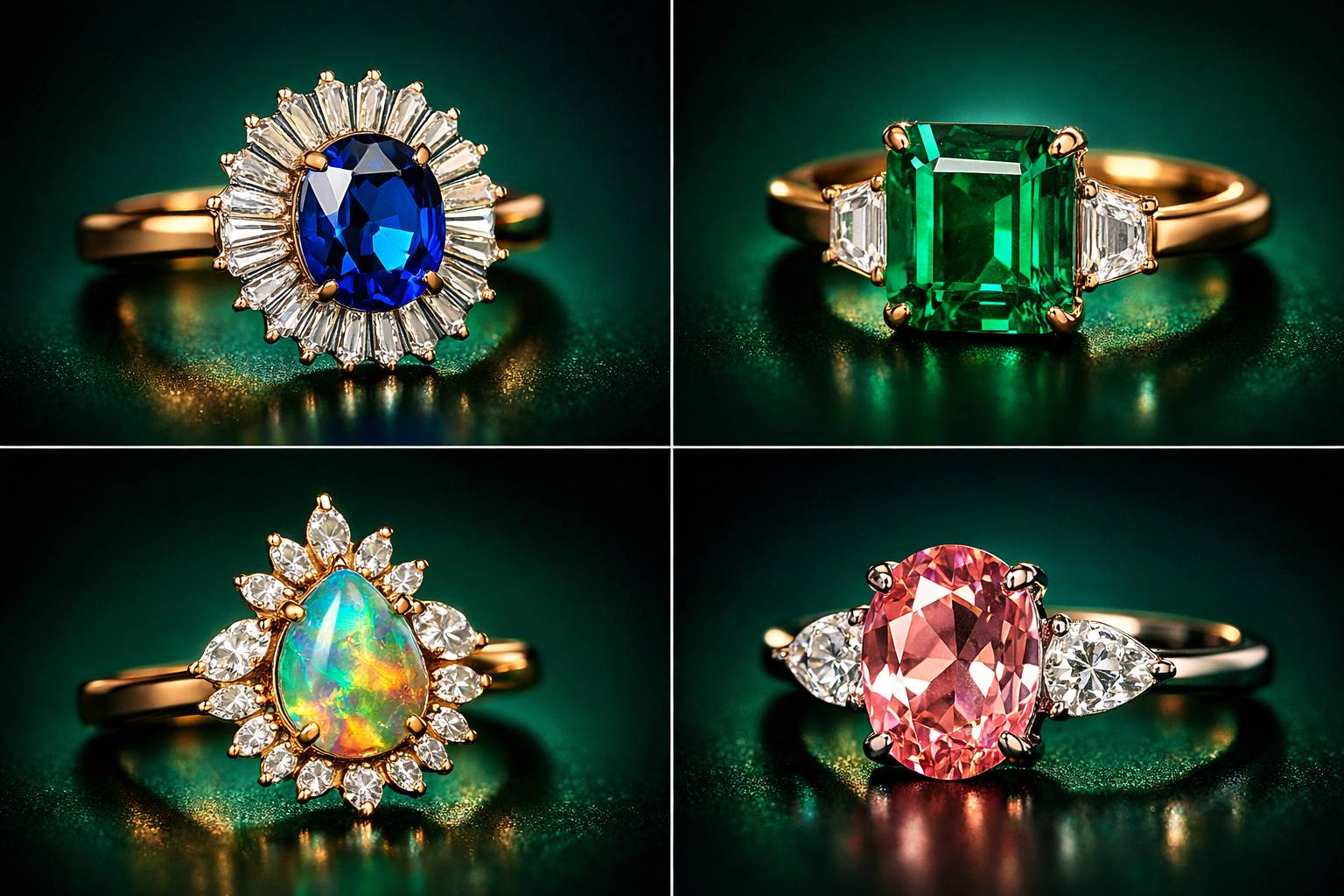a collage of unique engagement rings showcased on social media platforms, featuring diverse styles and gemstones