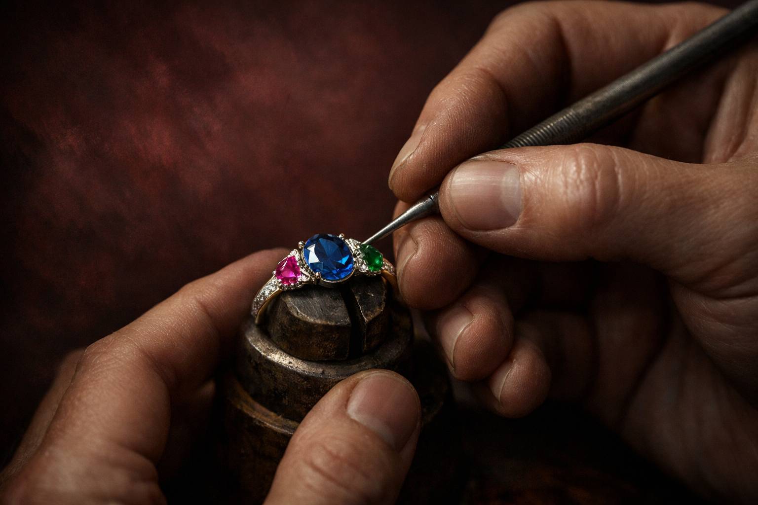 a close-up of an artisan's hands delicately crafting a unique engagement ring with vivid gemstones