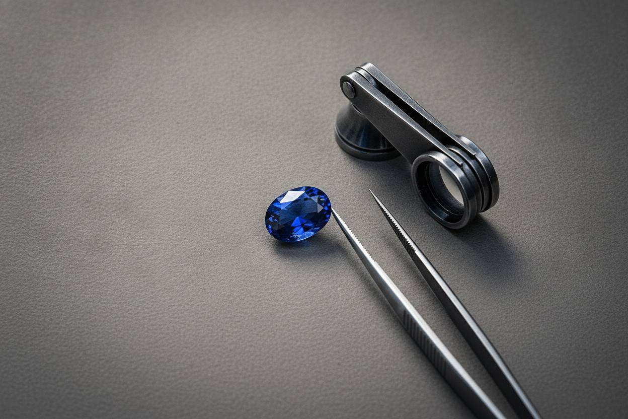 Loose vivid blue sapphire face-up beside a jeweller's loupe and tweezers on neutral grey