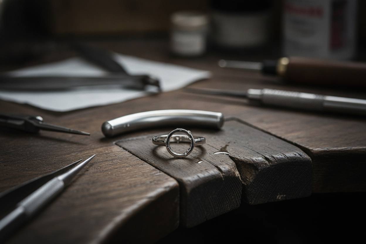 Goldsmith's bench with unset platinum ring shank, burnisher and fine tools, soft daylight