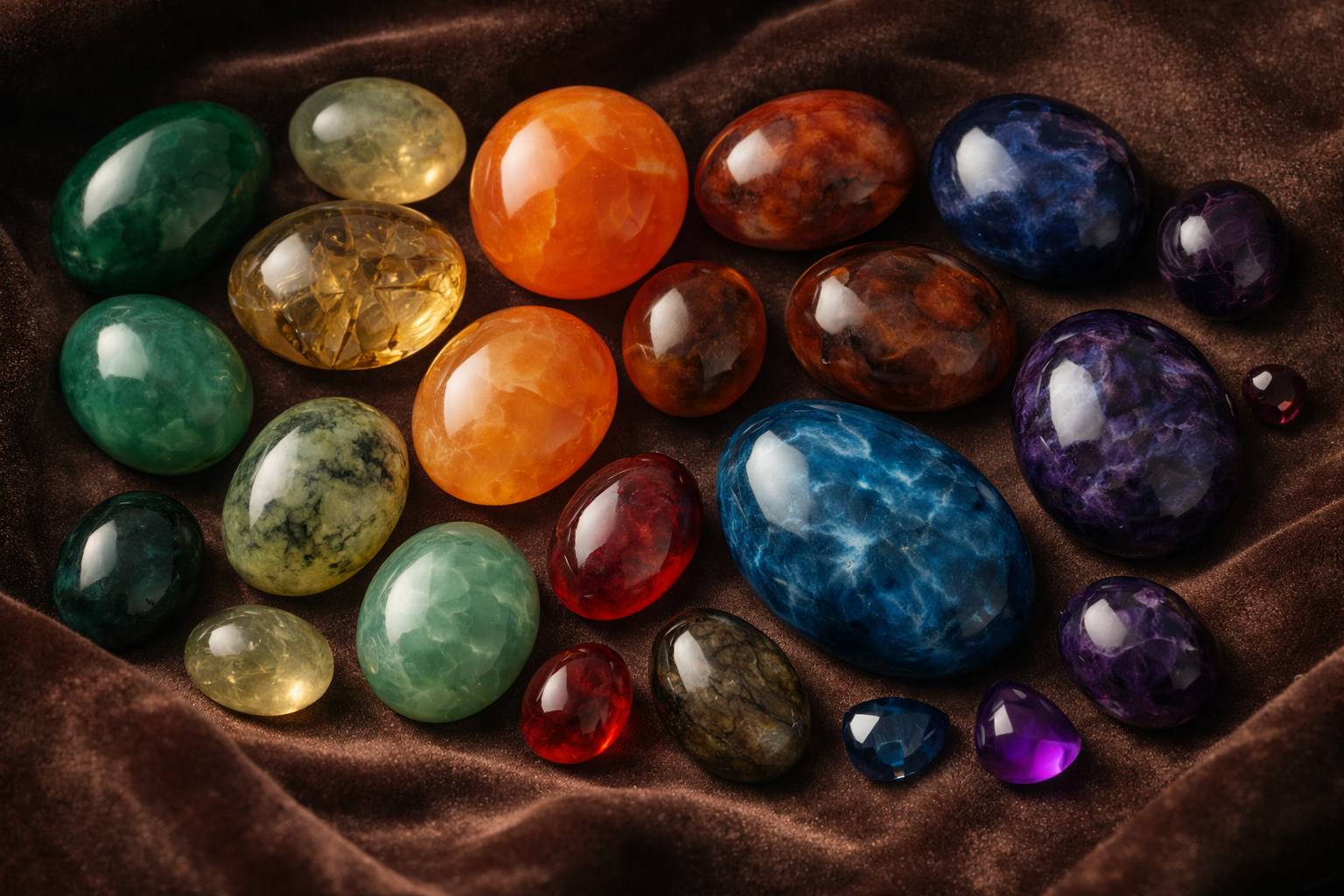 A colorful array of unusual gemstones displayed on a velvet background