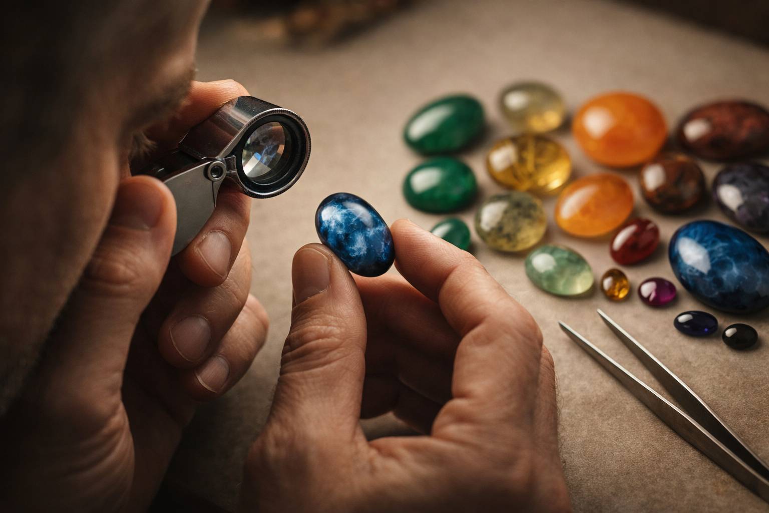 A jeweler examining a gemstone under a magnifying glass