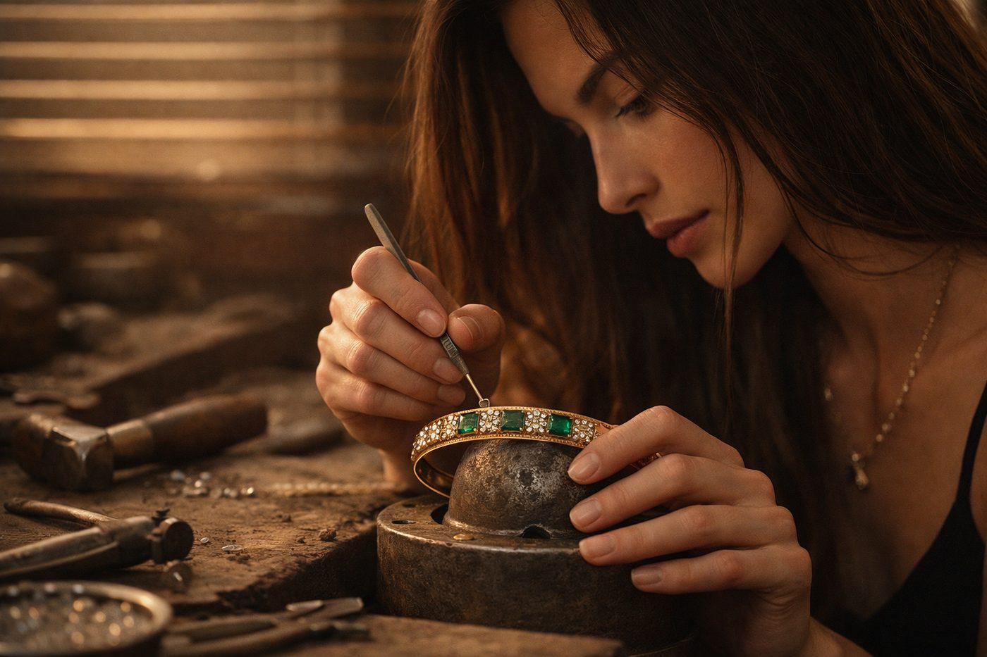 a close-up of a skilled artisan crafting a gemstone upper-arm bangle with traditional tools