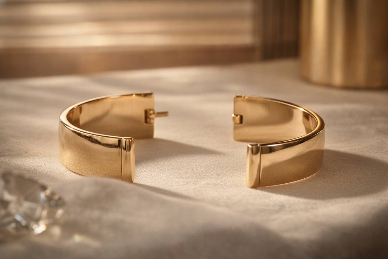 Open gold cuff armlet photographed from inside showing hinge pin, catch and polished interior