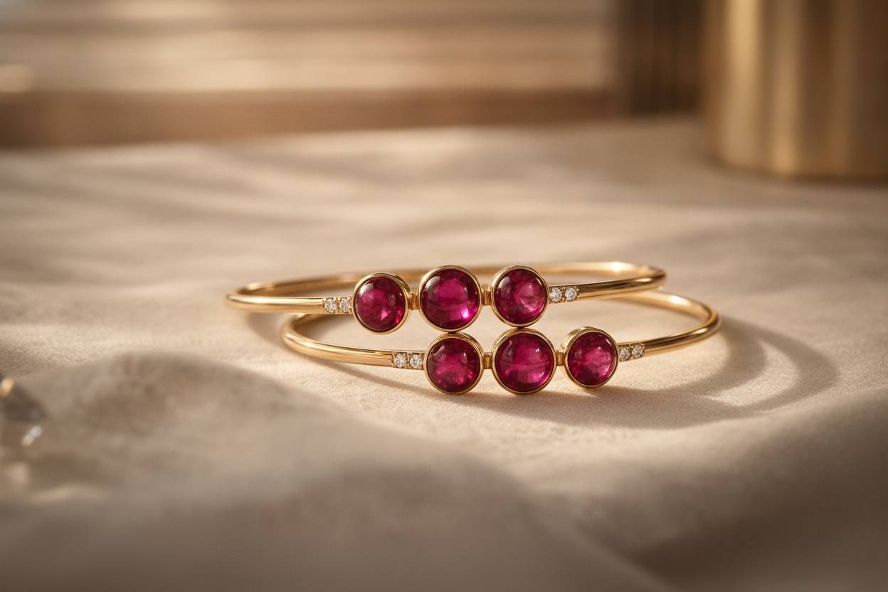 Close macro of bezel-set ruby and spinel cabochons along a curved gold band