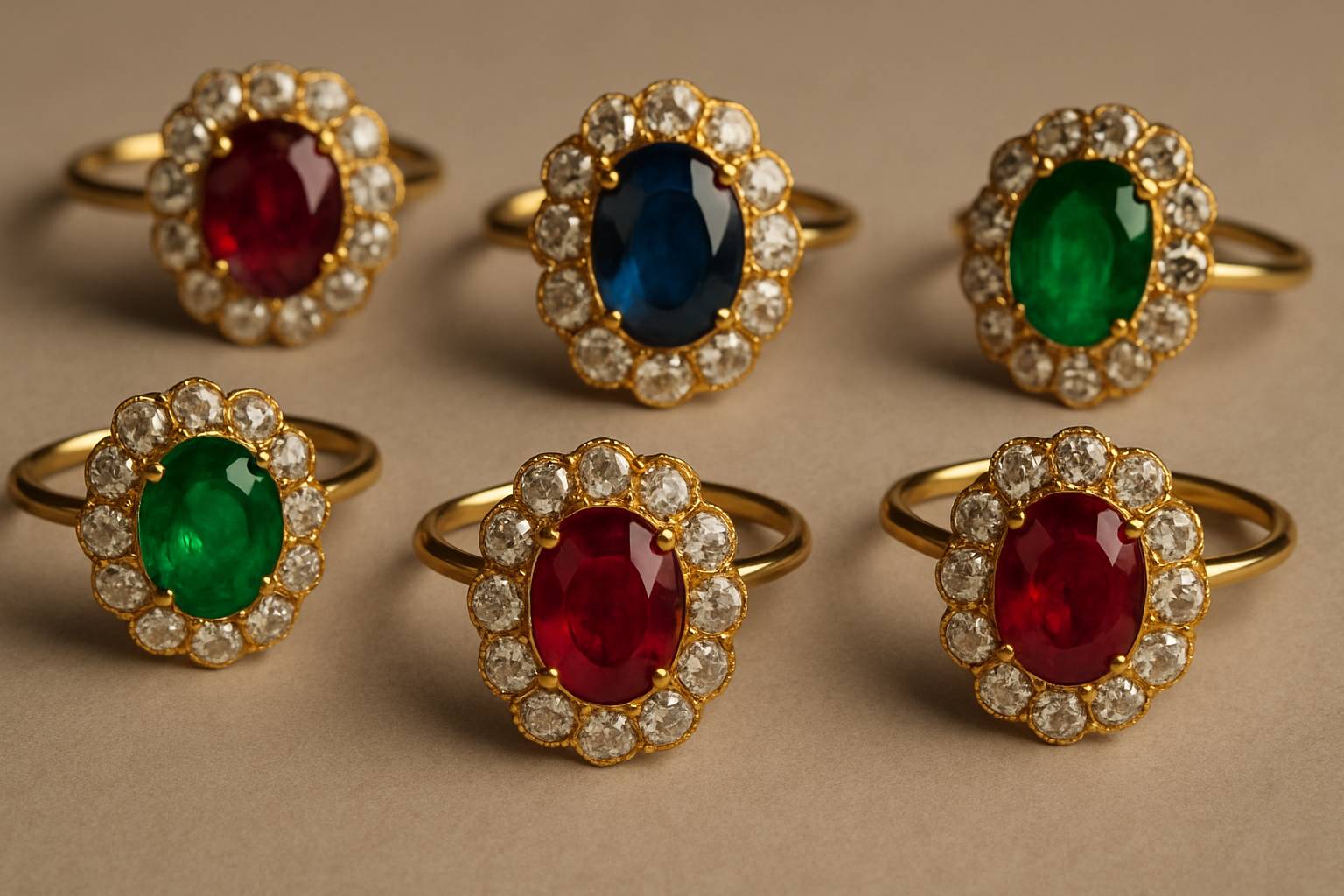 an array of colorful vintage gemstones, including sapphires, emeralds, and rubies, on a neutral surface
