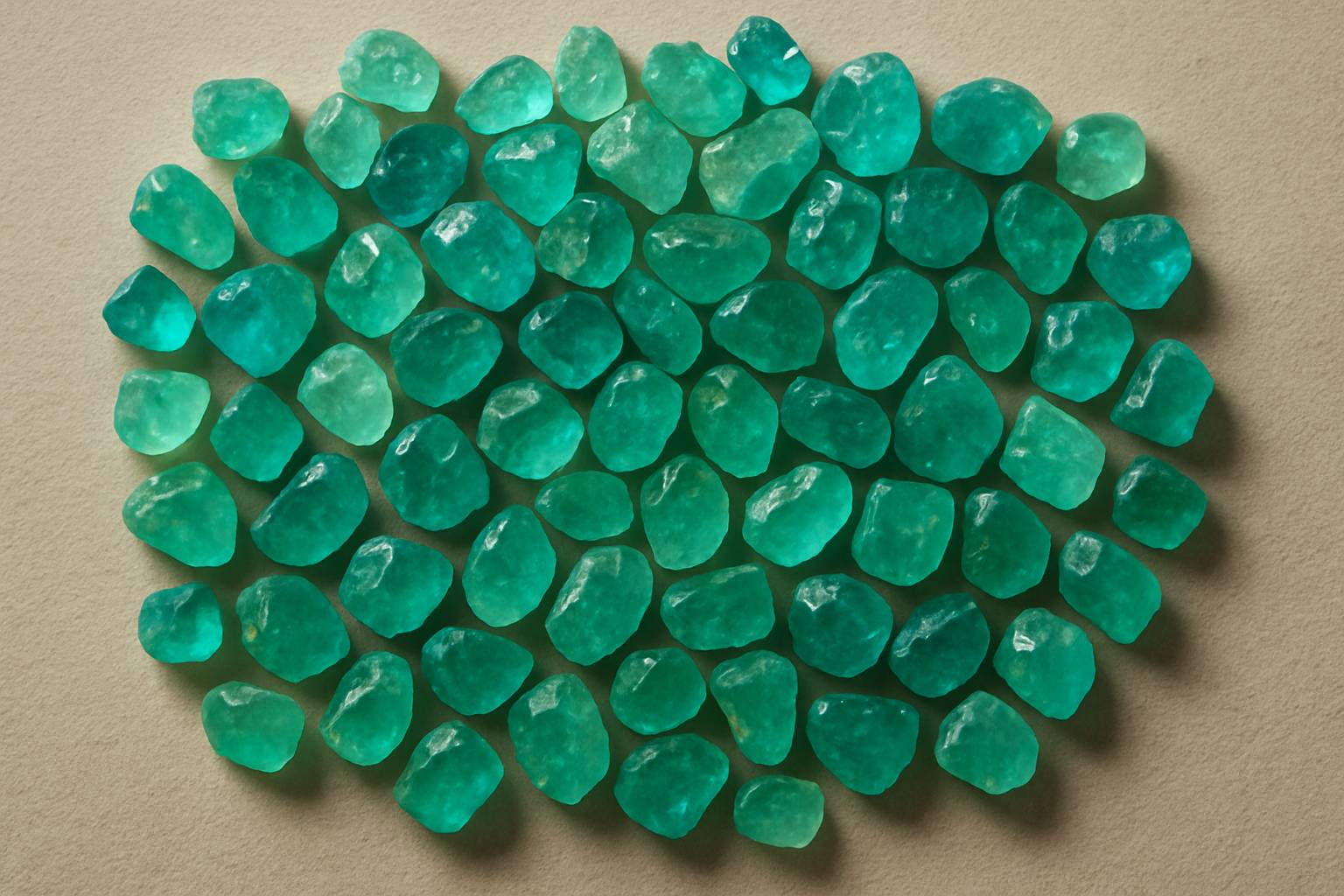 a vibrant display of paraiba tourmaline stones in various shades on a neutral surface