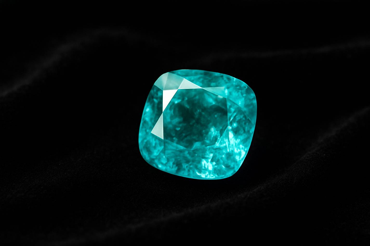 a single large paraiba tourmaline gemstone set against a dark velvet backdrop