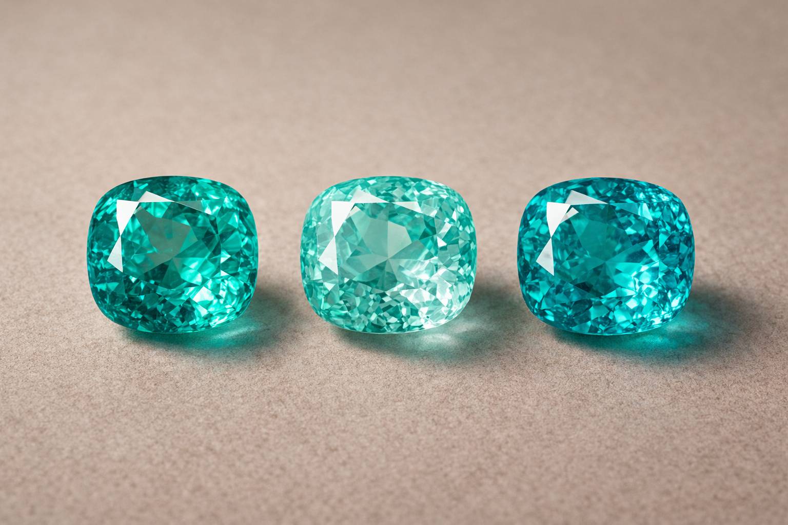 Comparison of Paraiba tourmaline from different origins, highlighting color variations
