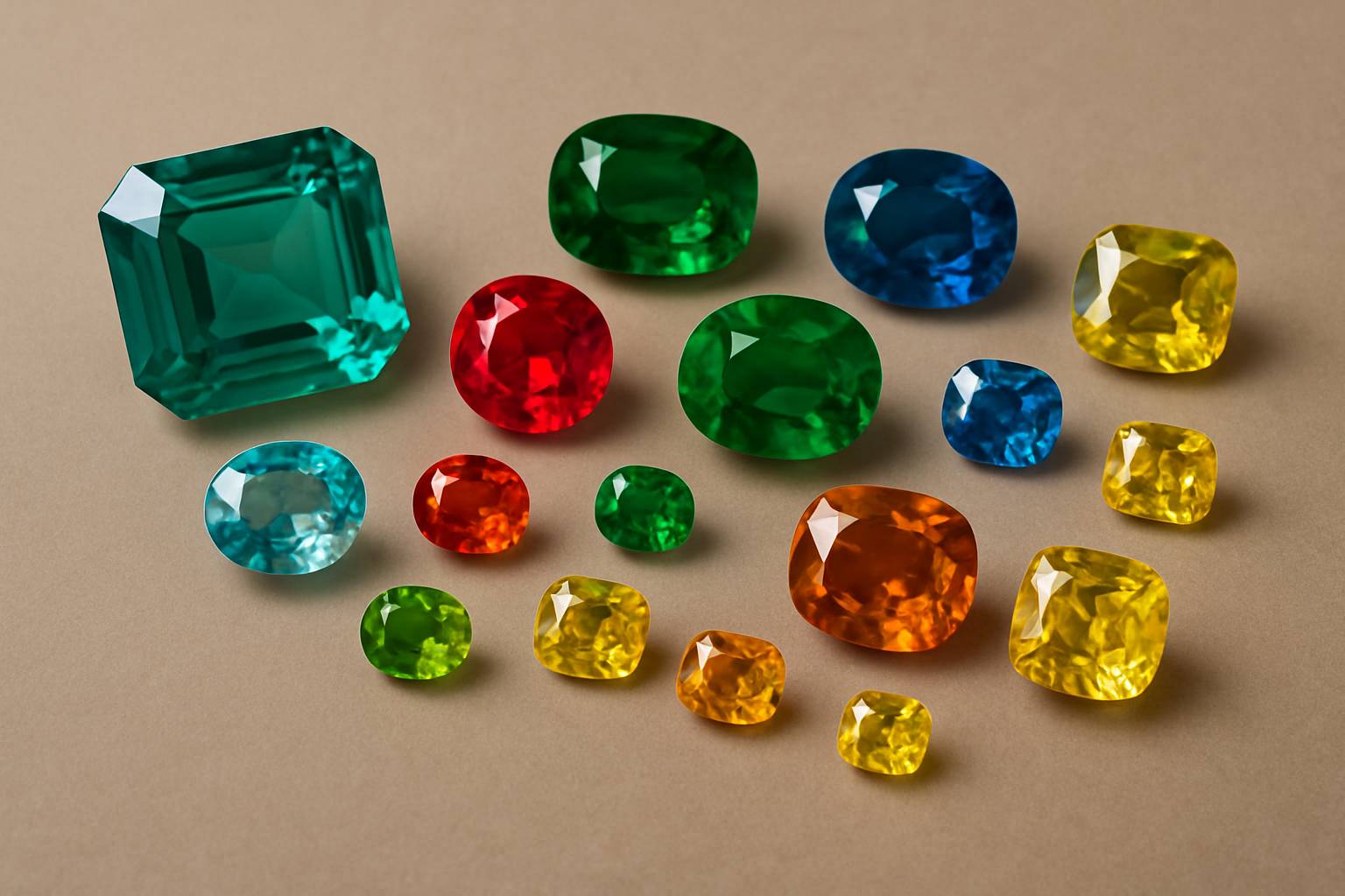 a close-up of various gemstones, showcasing their colors and cuts on a neutral background