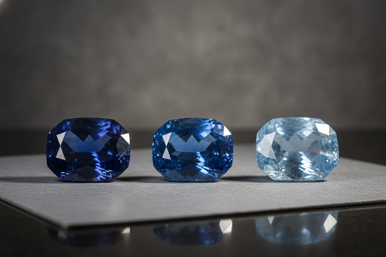 Three loose blue stones side by side on grey card comparing tone, saturation and lustre