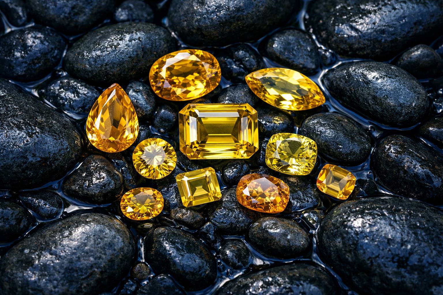 an assortment of yellow tourmaline gemstones from Africa, showcasing their vivid colors on a neutral background