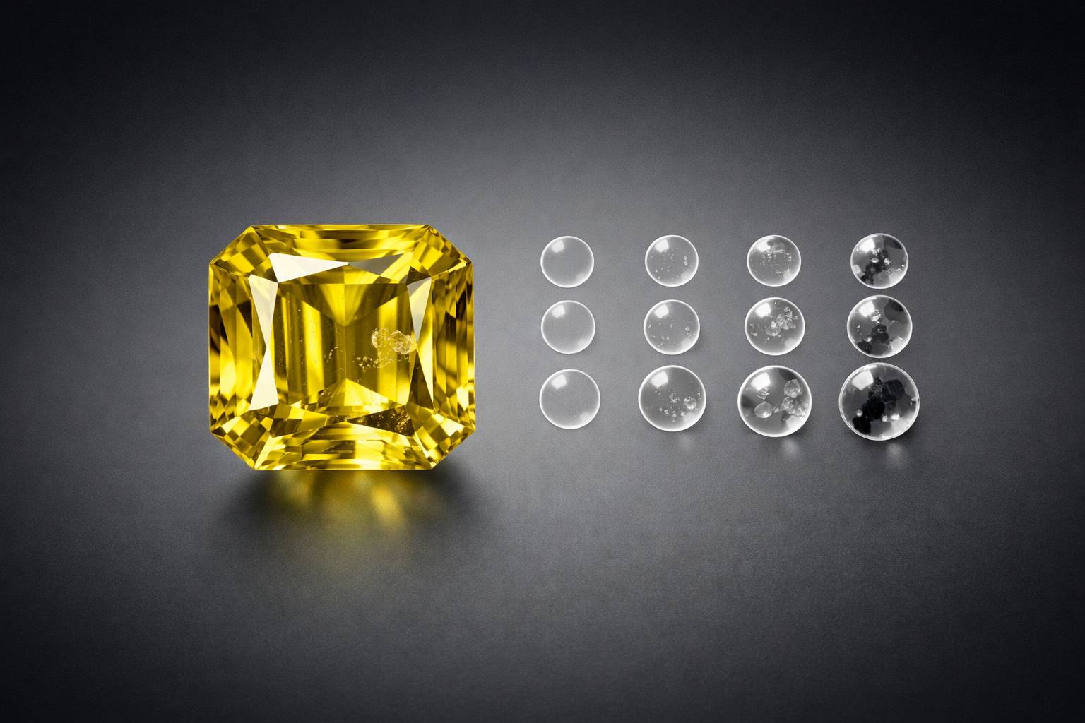 a close-up of a yellow tourmaline gem with clarity grading scales displayed beside it, highlighting its features