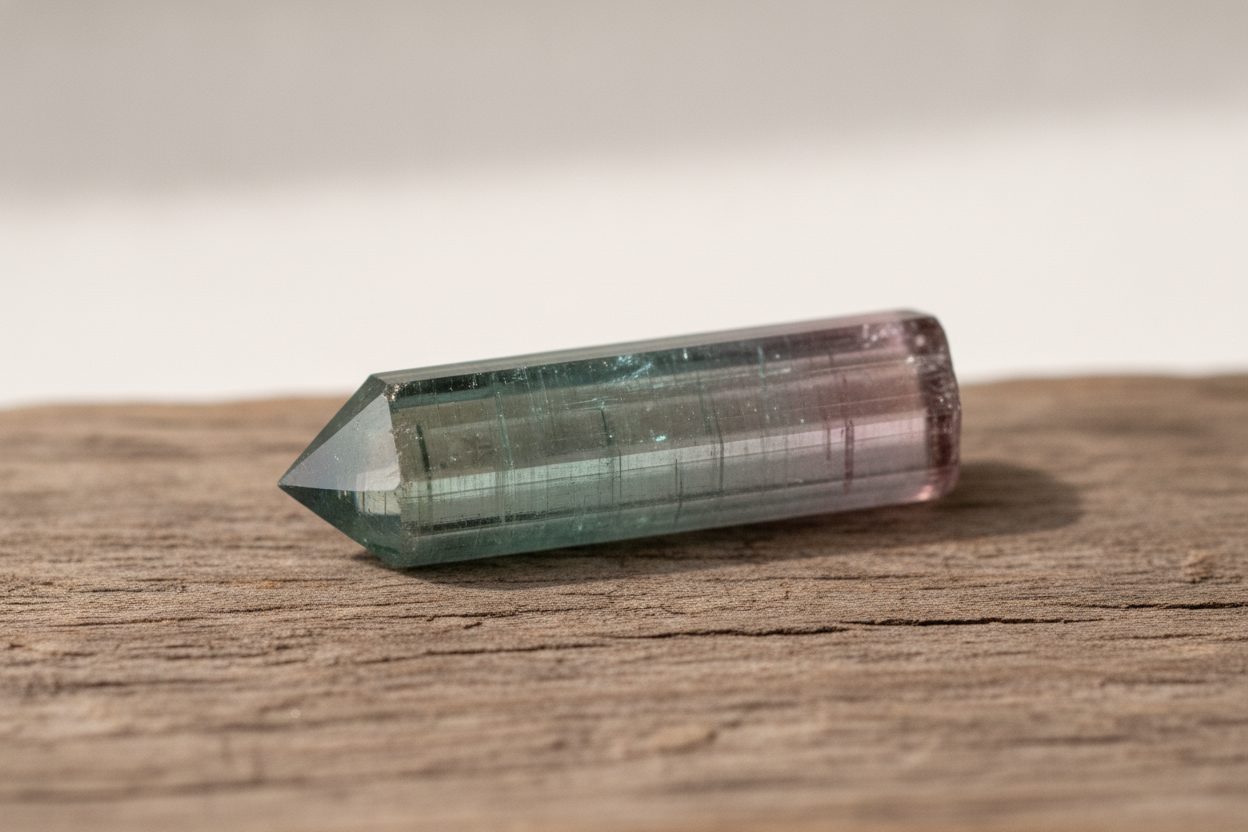 Elongated striated tourmaline crystal prism with triangular cross-section resting on weathered wood